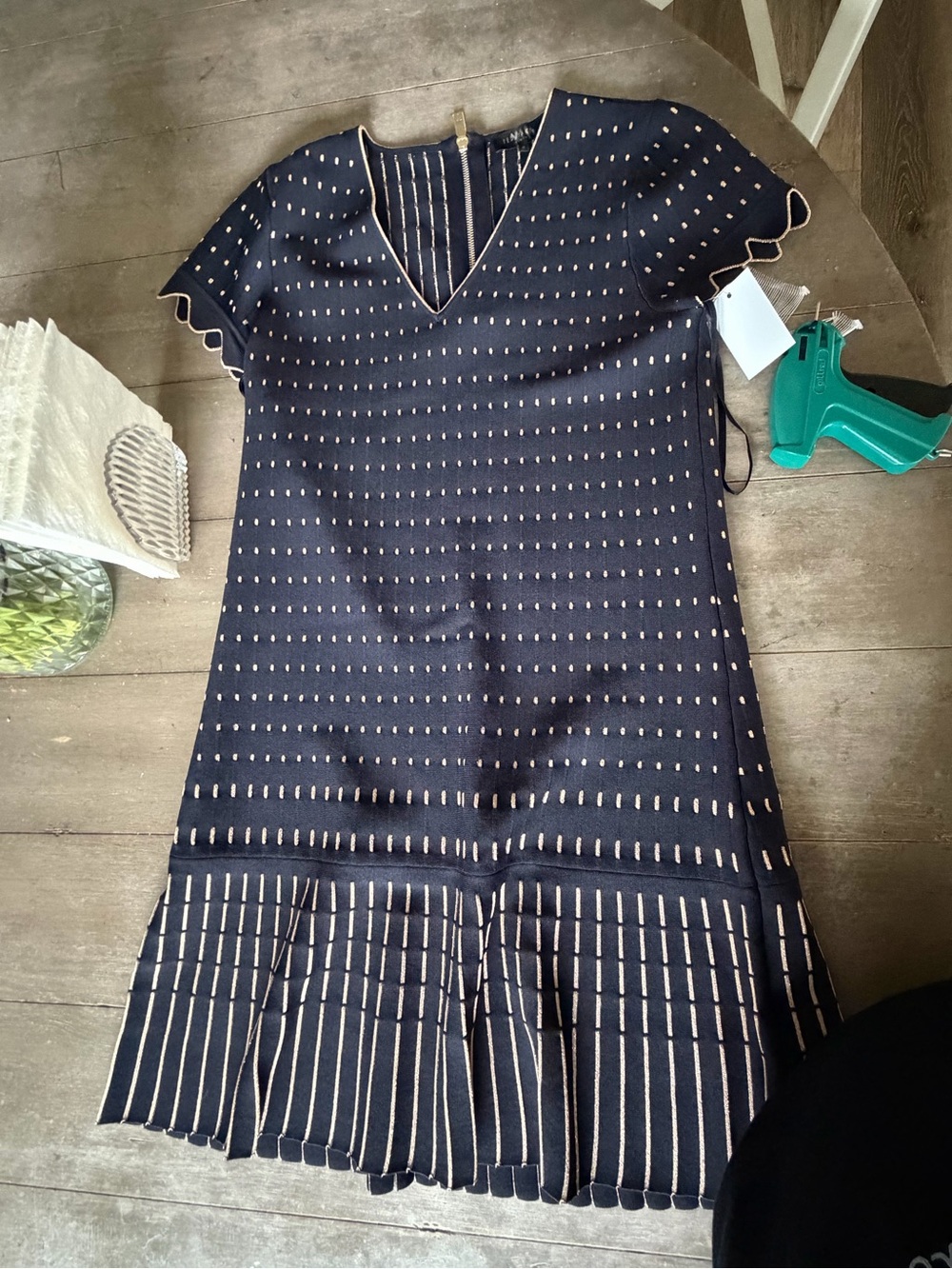 Ted Baker Navy Knit Dress with Beige Dot & Stripe Accents